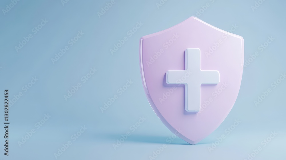 Obraz premium Pink shield with medical cross, symbolizes health protection, clean minimalist design, suitable for wellness themes.