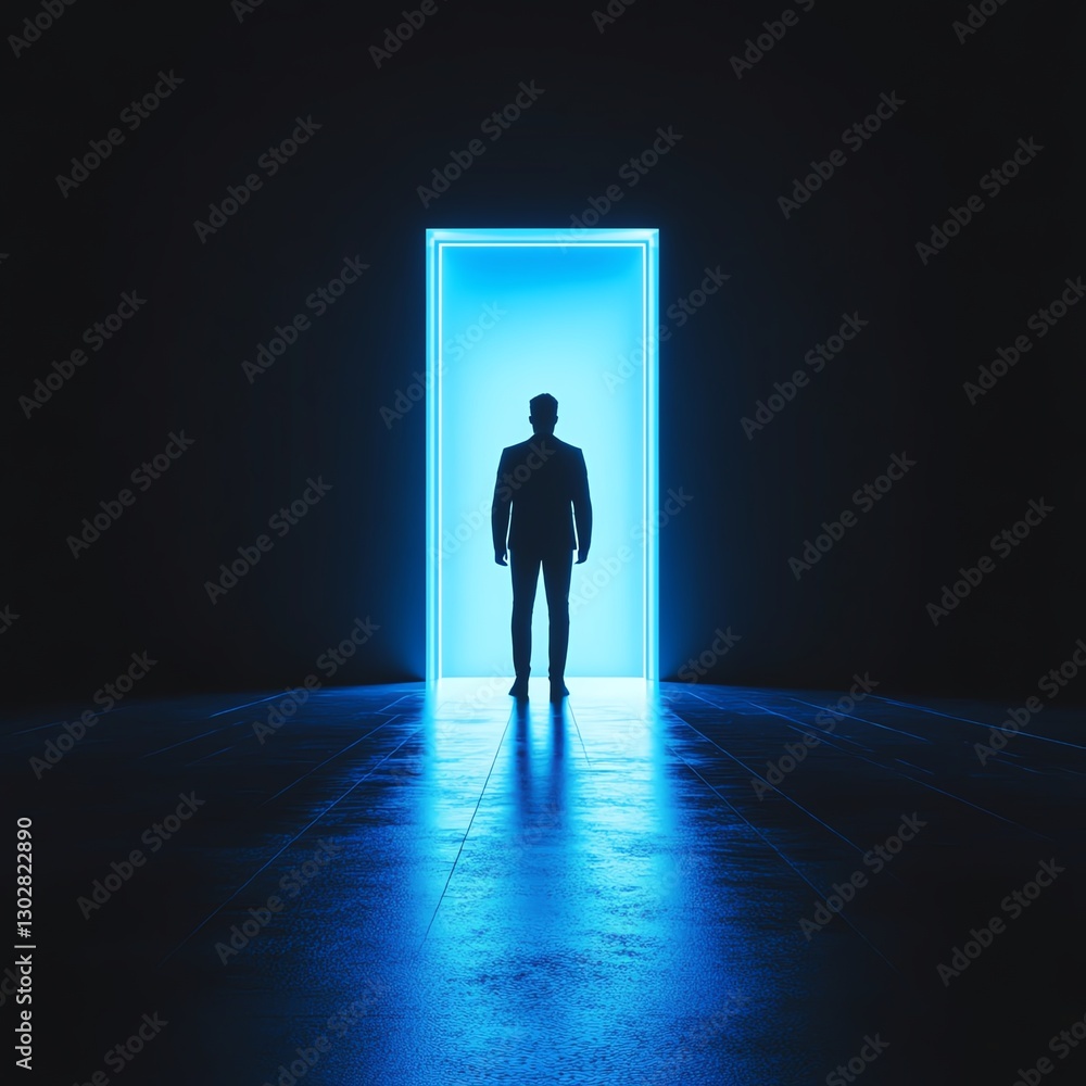 Obraz premium Silhouette of businessman standing before blue glowing door, empty room, stepping into mystery, future opportunity, dream of career success
