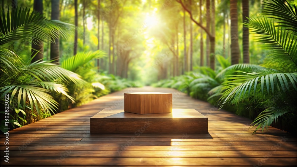 Wooden Cube Podium in Lush Tropical Forest with Archway - Product Display Mockup Wooden Cube Podium in Lush Tropical Forest with Archway - Product Display Mockup