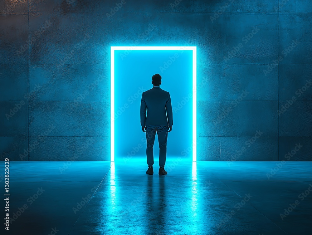 Obraz premium Silhouette of businessman standing before blue glowing door, empty room, stepping into mystery, future opportunity, dream of career success
