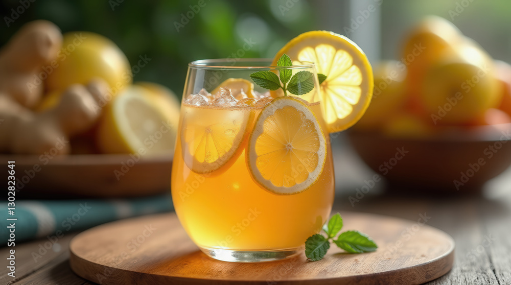 Fototapeta premium A vibrant glass filled with iced lemon drink garnished with mint leaves and lemon slices rests on a wooden table. A backdrop of fresh citrus fruits enhances the refreshing scene