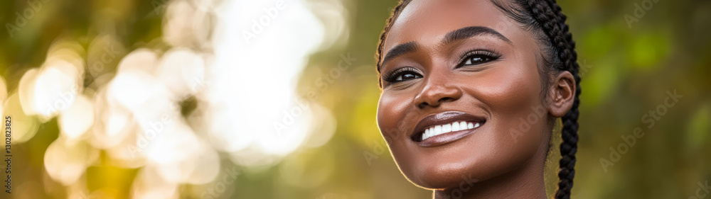 Smiling woman with braids enjoying a sunny day outdoors in natural setting Smiling woman with braids enjoying a sunny day outdoors in natural setting