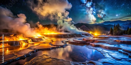Yellowstone National Park Geothermal Area Night Photography - Majestic Steam and Colorful Landscape