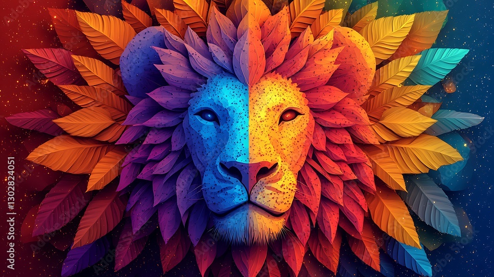 Fototapeta premium Abstract lion head, vibrant colors, leaves, artistic design, digital art