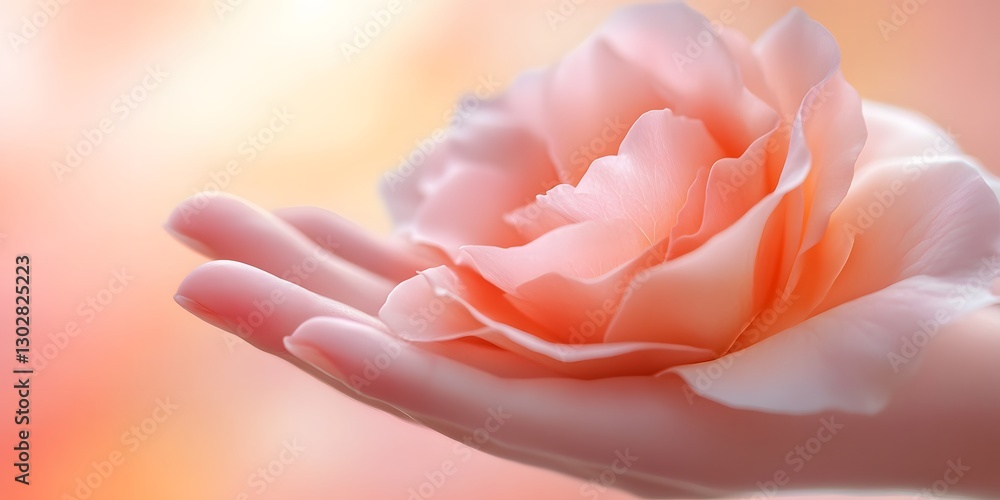 Delicate Pink Rose in Hand Against Soft Blurred Background Delicate Pink Rose in Hand Against Soft Blurred Background