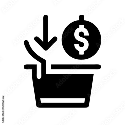 Bargain bin icon showing prices dropping with currency symbol illustrating discounted shopping