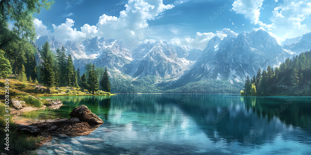Naklejka premium Serene Painting of a Majestic Mountain with a Tranquil Lake in the Background
