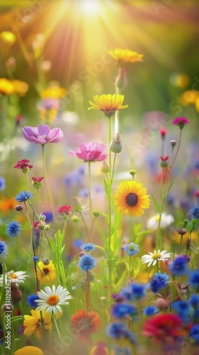 Beautiful summer wildflowers. Landscape wide format, copy space, cool blue tones. Delightful pastoral airy artistic image