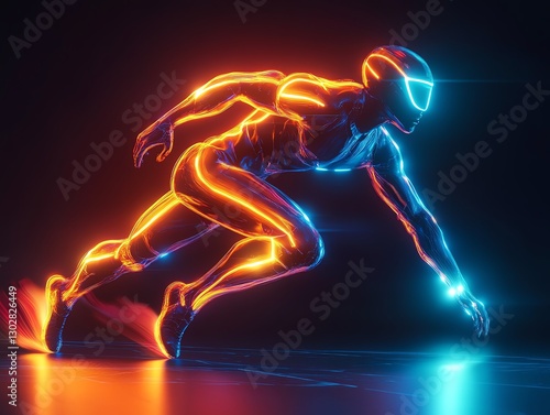 A powerful male athlete midstride in a glowing neon sports uniform photo