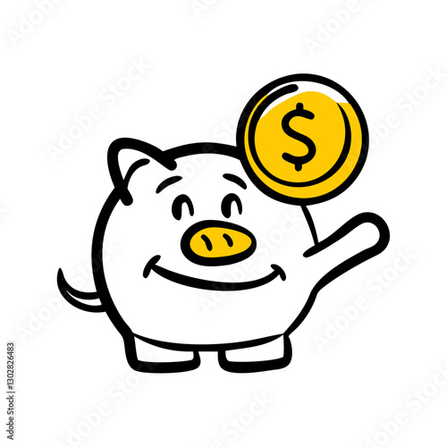 Smiling piggy bank with a coin showcasing happy savings concept in a simple and colorful vector design