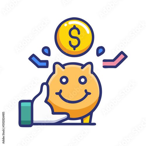 Happy savings concept showcasing a cheerful piggy bank with a coin being dropped by a hand in a vibrant and colorful vector design