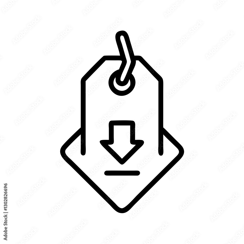 Simple vector icon representing a downward arrow on a price tag suggesting a discount or sale in a minimalistic design Simple vector icon representing a downward arrow on a price tag suggesting a discount or sale in a minimalistic design