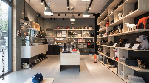 Modern Pet Store Interior with Shelves of Pet Supplies and Toys