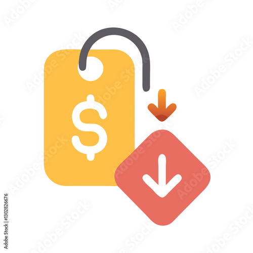 Concept illustrating markdown price reduction with tag symbolizing discount and downward arrows, showcasing pricing strategies for products