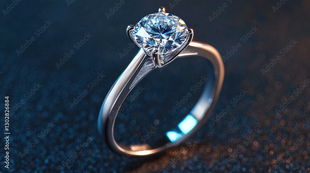 A white gold engagement ring with a brilliant diamond in the center, resting on a smooth surface with soft light gently illuminating the details. A white gold engagement ring with a brilliant diamond in the center, resting on a smooth surface with soft light gently illuminating the details.