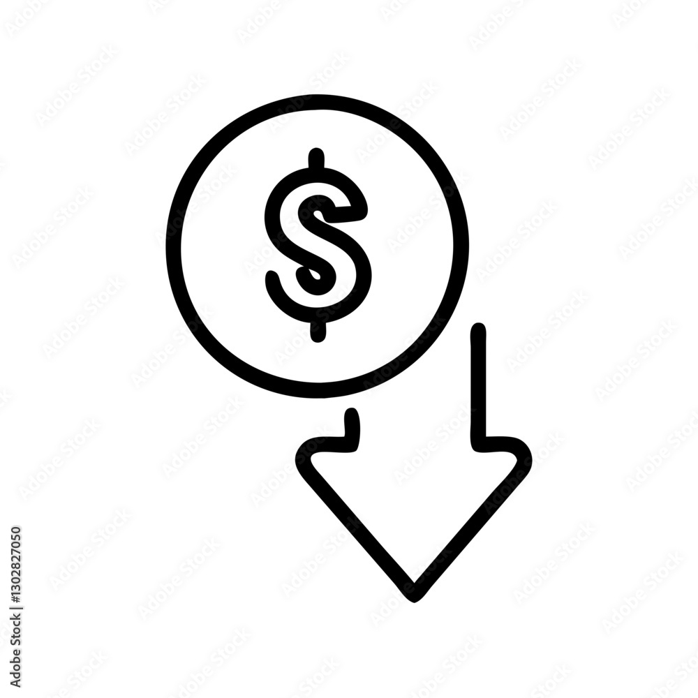 Price drop icon featuring a dollar sign and downward arrow representing financial savings and discounts