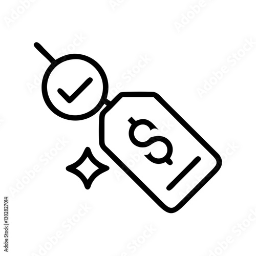 Vector icon representation of a price check tag with a dollar sign and checkmark symbolizing cost evaluation in a retail context