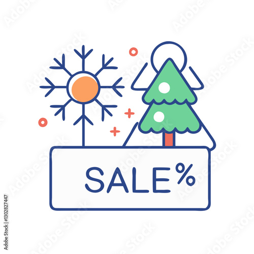 Seasonal sale icon featuring winter elements such as snowflakes, sun, and Christmas tree design