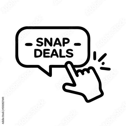 Engaging visual icon illustrating snap up deals with a hand pointing at a speech bubble, representing online shopping promotions and discounts