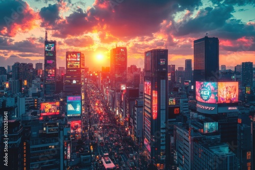 Cyberpunk city skyline with bright neon signs and futuristic architecture