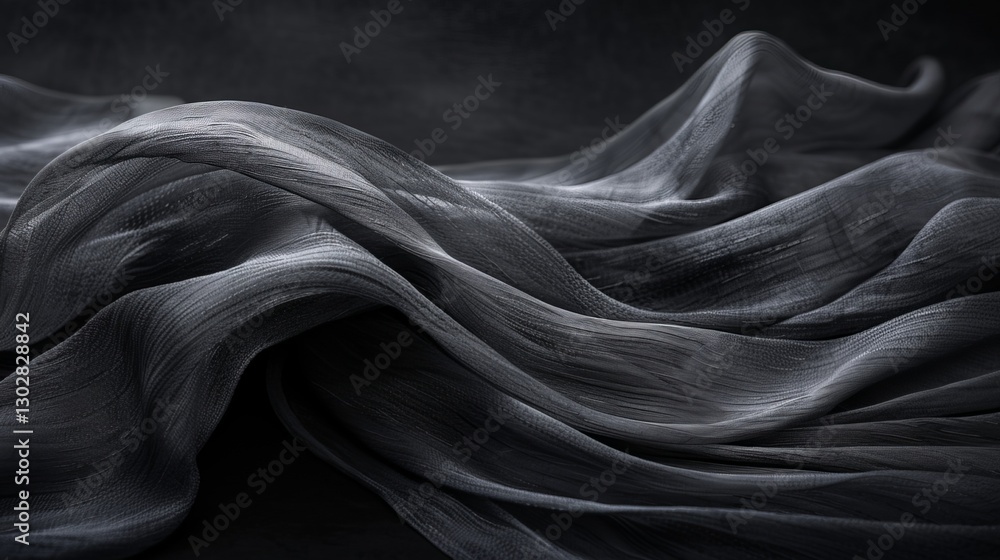 A close-up of luxurious dark gray silk fabric, showcasing its intricate texture and delicate folds, creating an atmosphere of mystery and elegance A close-up of luxurious dark gray silk fabric, showcasing its intricate texture and delicate folds, creating an atmosphere of mystery and elegance