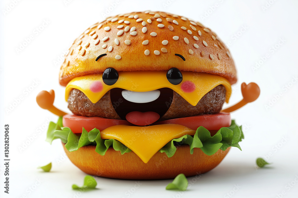 3D hamburger sandwich tasty burger cartoon isolated on white background