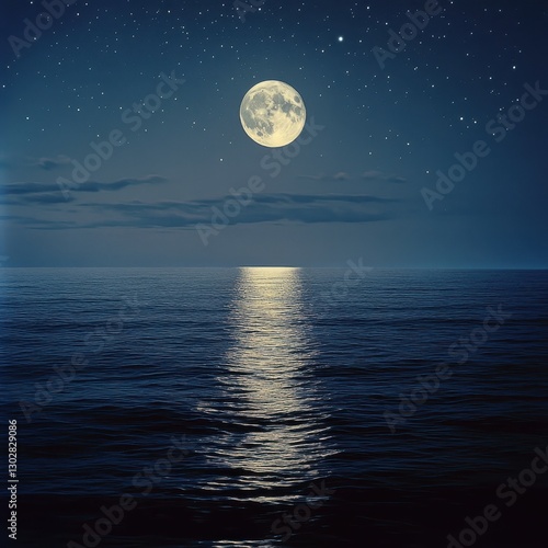 A luminous full moon rising over a tranquil ocean, casting shimmering reflections on the water with a star-filled sky ar 16:9 v 6.1 q 2