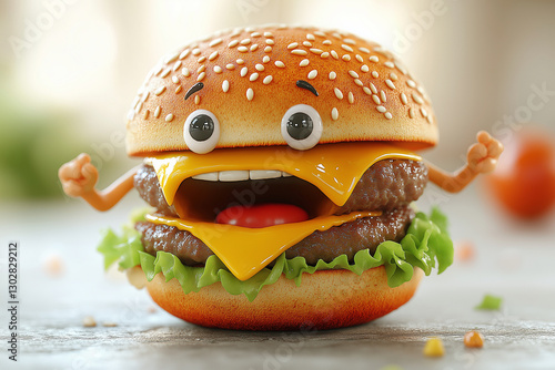 3D hamburger sandwich tasty burger cartoon isolated on white background