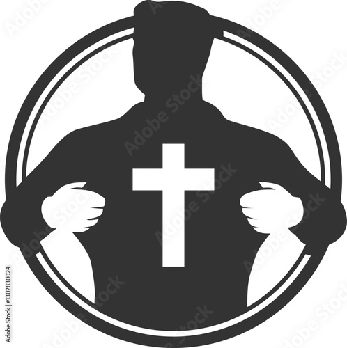 The silhouette of a man opens his chest and there is a cross sign vector illustration