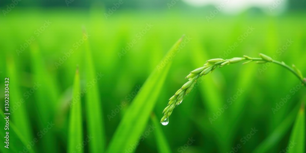 A single dewdrop clings to a vibrant green rice stalk, amidst a field of lush vegetation A single dewdrop clings to a vibrant green rice stalk, amidst a field of lush vegetation