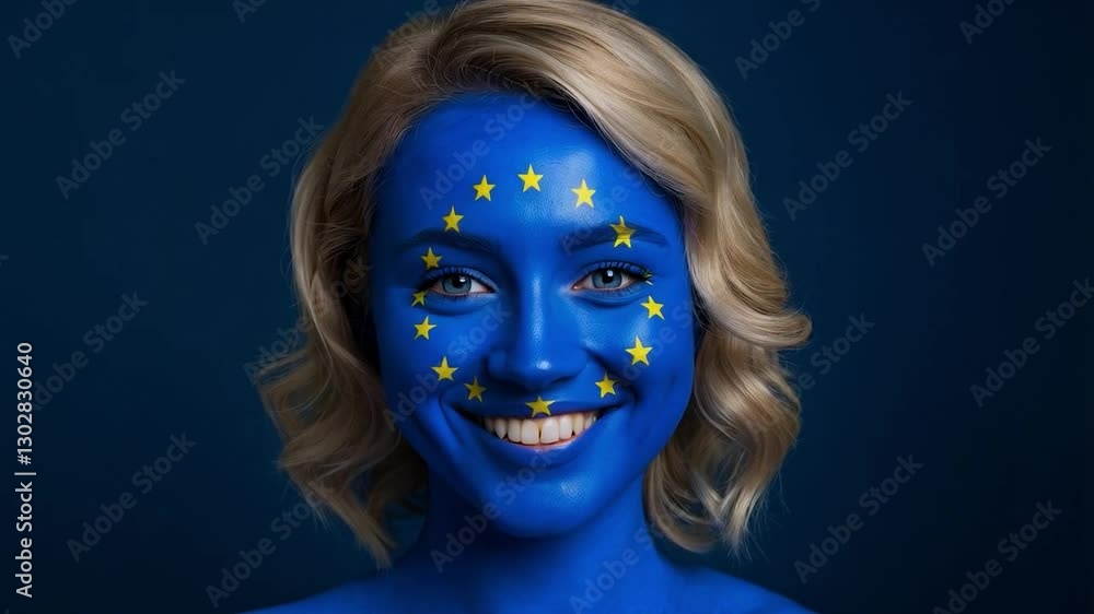 Young Smiling Woman with EU Flag Face Paint. Symbol of Europe and Social Union Young Smiling Woman with EU Flag Face Paint. Symbol of Europe and Social Union