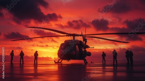 A red rescue helicopter is parked on a wet tarmac, reflecting the vibrant colors of a sunset.