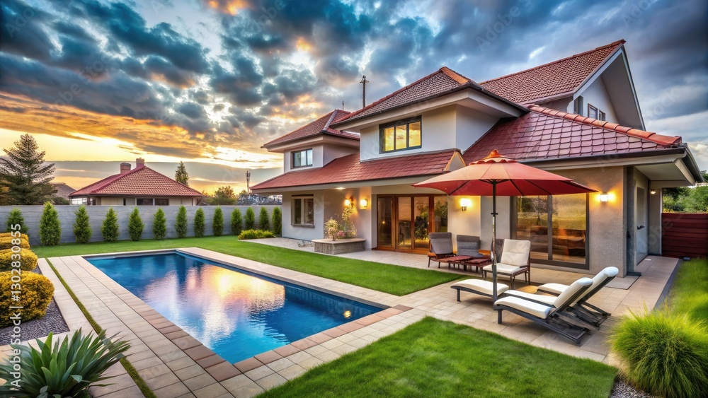 Elegant Backyard Pool Photo: Luxury Home, Swimming Pool, Outdoor Furniture, Red Tile Roof, Gray Walls Elegant Backyard Pool Photo: Luxury Home, Swimming Pool, Outdoor Furniture, Red Tile Roof, Gray Walls
