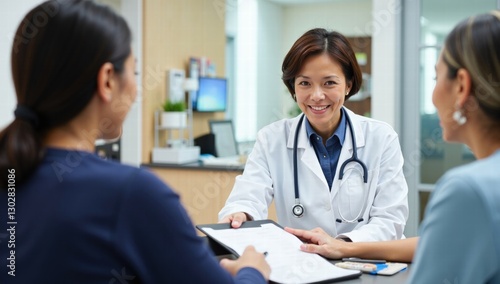 Wallpaper Mural Hispanic Female Doctor at Hospital Reception Desk, Smiling Interaction with Patients Torontodigital.ca