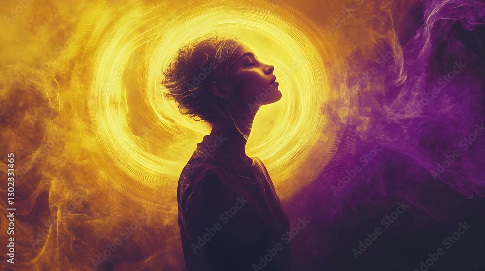 A captivating profile of a woman surrounded by vibrant yellow and purple smoke, creating a mystical and ethereal atmosphere. Perfect for artistic themes. A captivating profile of a woman surrounded by vibrant yellow and purple smoke, creating a mystical and ethereal atmosphere. Perfect for artistic themes.
