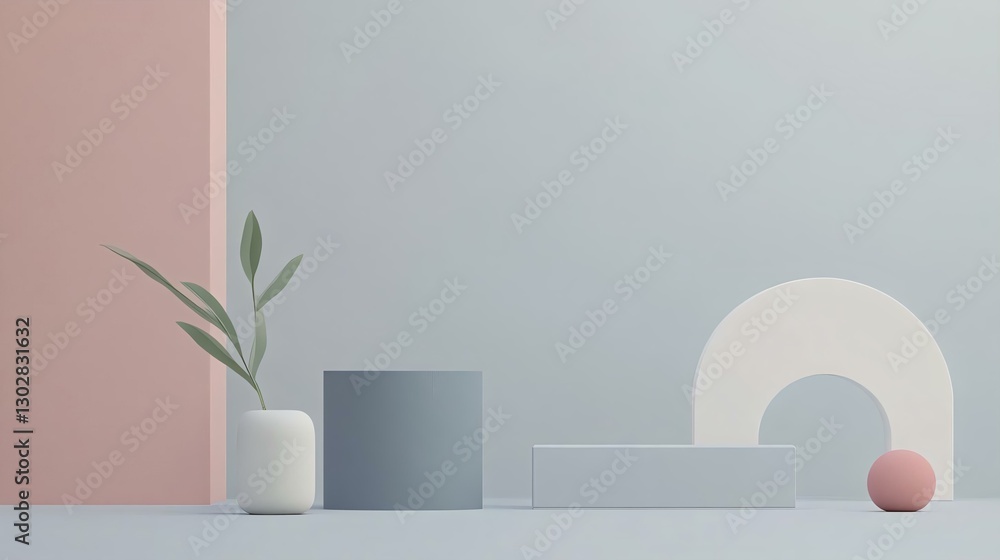 Minimalist still life with geometric shapes and a green plant, showcasing a modern decor style and soft pastel colors.