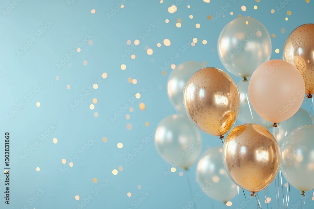 A festive composition of gold and white balloons with confetti against a vibrant blue background, perfect for event decoration and celebration banners. Generative AI A festive composition of gold and white balloons with confetti against a vibrant blue background, perfect for event decoration and celebration banners. Generative AI