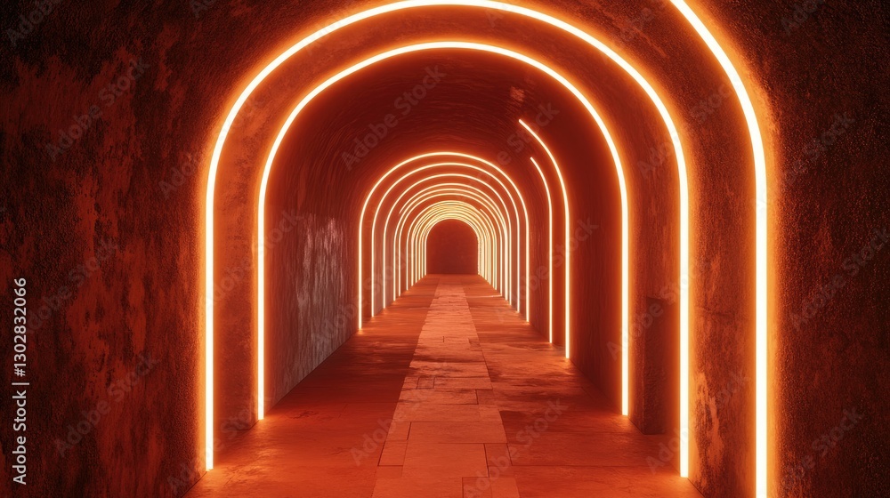 Naklejka premium 4. Dark Corridor with Orange Neon Lighting in 3D Render