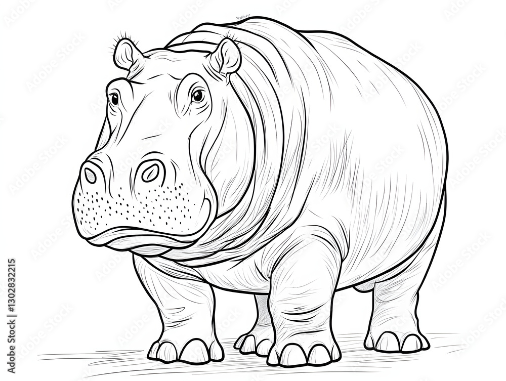 Fototapeta premium Cartoon Coloring Page of a hippopotamus, on white background. 
