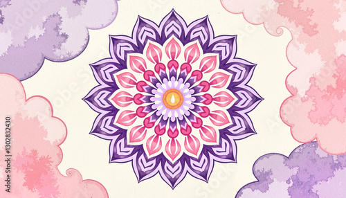 Intricate mandala pattern in soft pink and purple hues, spiritual harmony