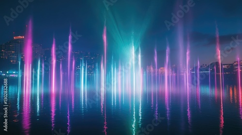 View of Dubai's Illuminated Fountain, Vibrant Lights, and Reflections
