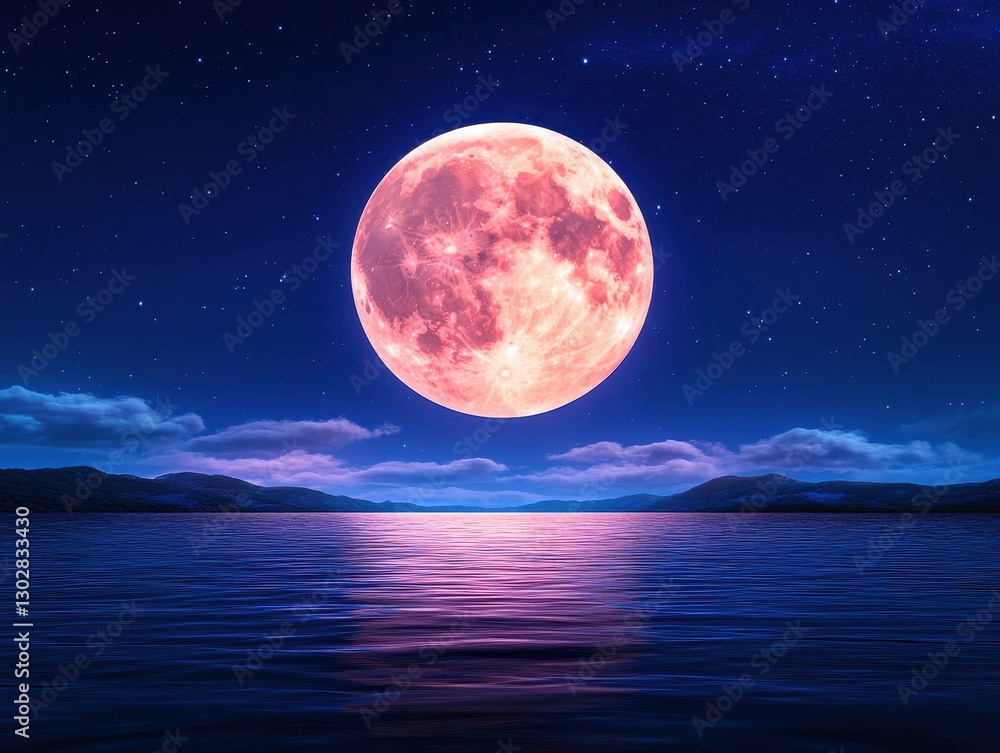 A vibrant pink full moon reflecting over a calm lake with distant mountains at night A vibrant pink full moon reflecting over a calm lake with distant mountains at night