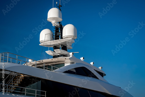 Fotografie Close up view of the radar navigation system and communication mast on a white m
