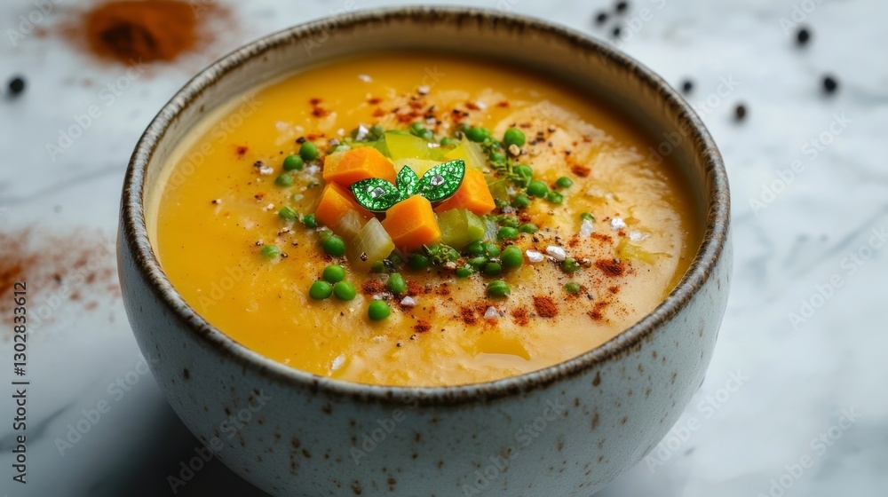 Creamy Vegetable Soup with Colorful Garnish in Rustic Bowl Creamy Vegetable Soup with Colorful Garnish in Rustic Bowl