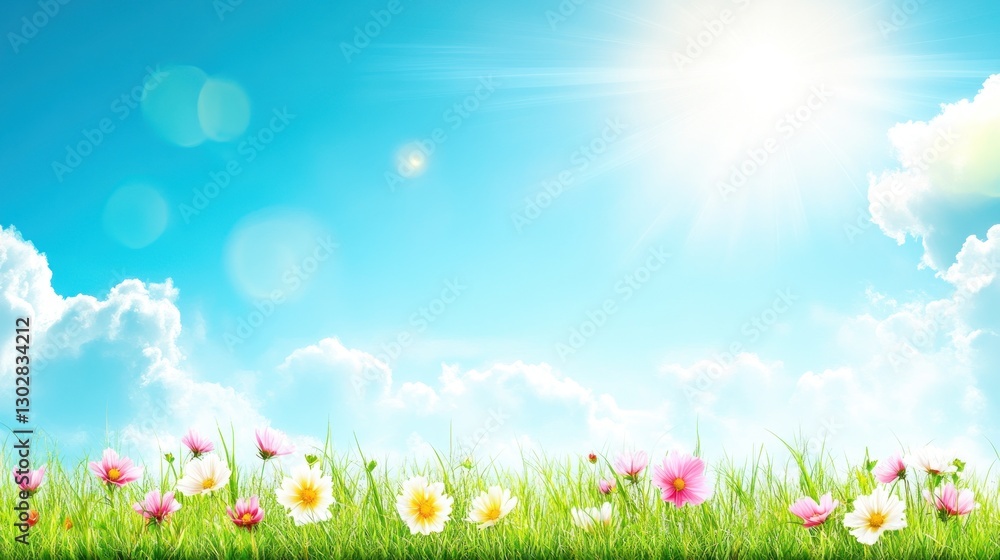 Blooming Meadow with Flowers Under a Bright Blue Sky Background Blooming Meadow with Flowers Under a Bright Blue Sky Background