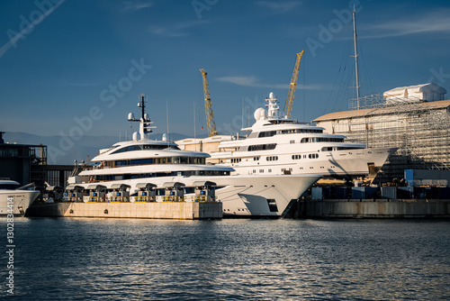Foto Large megayachts or superyachts in large marina and shipyard located in Genova,