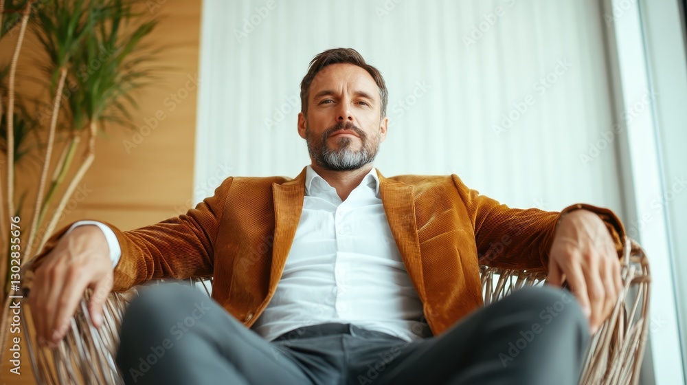 A confident man dressed in a brown jacket sits relaxed in a stylish chair, portraying an air of sophistication and modern elegance in a contemporary setting. A confident man dressed in a brown jacket sits relaxed in a stylish chair, portraying an air of sophistication and modern elegance in a contemporary setting.