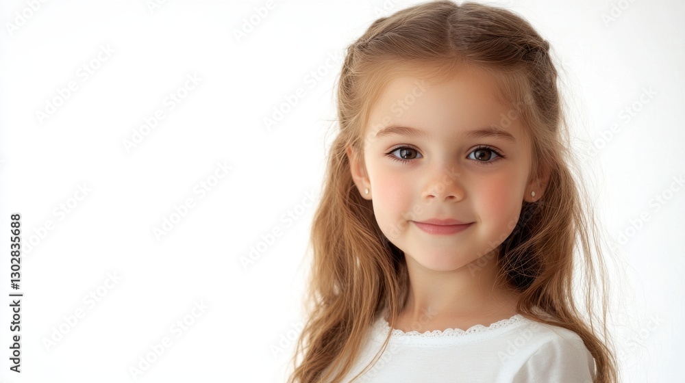 Adorable Little Girl against a Clean White Backdrop with Ample Copy Space Adorable Little Girl against a Clean White Backdrop with Ample Copy Space