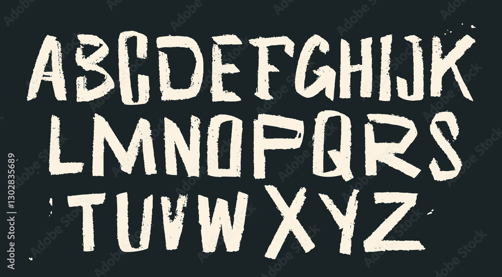Brush stroke, graffiti, punk, unique style Font. Grunge texture Alphabet. Hand drawn modern Vector illustration. Every letter is isolated. Typography, lettering, calligraphy concept