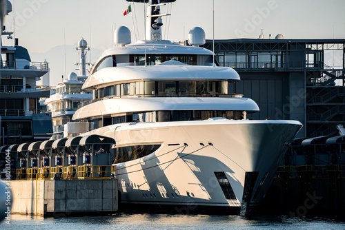 Black and white image of large megayacht or superyacht in large Shipyard located in Genova, Italy, with scaffolding for ongoing large repair and maintenance work